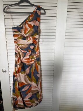 Vici One-Shoulder Leaf-Print Dress in Navy, Rust & Blush